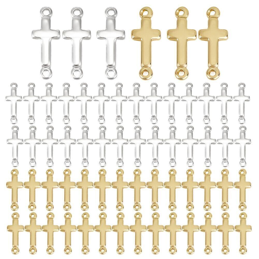 1592 40 Pcs Cross Pendant Links, Real 18K Gold Plated Double Hole Side